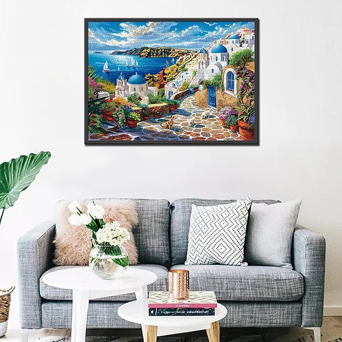 Jigsaw Puzzles 1000 Pieces for Adults-Greek Islands Hardboard Puzzle-Challenging Puzzle Perfect for Game Nights-DIY Home Wall Decor-Art Puzzles-Santorini White Buildings Sun Rays Art 27" x 20"