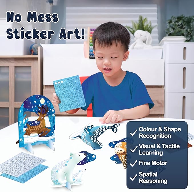 BINCA Foam Sticker Mosaic Art Activity, 750+ 3D Glitter Foam Stickers, 5 Winter Animals with Display Arch, DIY Mess-Free Activities, Felt Craft Kits & Gifts for Boys & Girls Ages 5,6,7,8