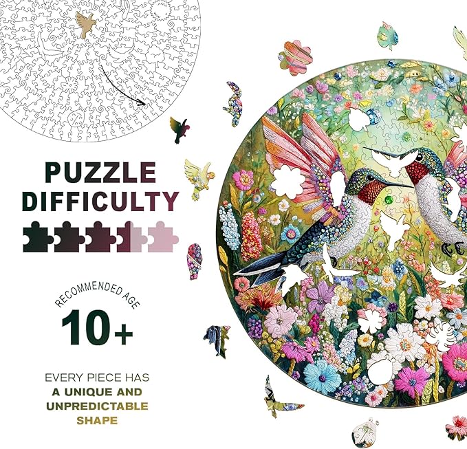 Wooden Jigsaw Puzzles, Embroidered Hummingbird Wooden Puzzles for Adults with Unique Shape, Adult Jigsaw Puzzle, Birthday Gifts for Adults, 11.3"x11.4" - 200pcs