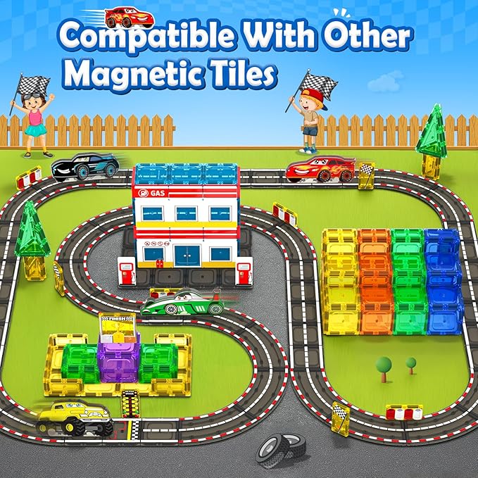 Magnetic Tiles Racing Track & Road Expansion Set with Magnet Car, Magnetic Block Building Toys Games for Toddler Kids, STEM Montessori Toys for 3+ Year Old Boys & Girls, Car Lovers Must Haves