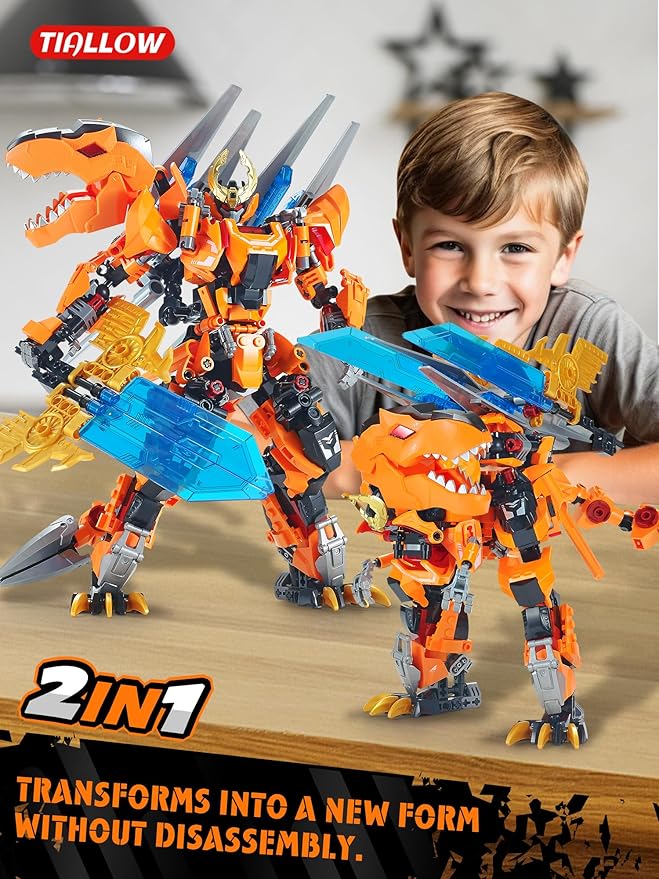 T-Rex Mech 2-in-1 Building Set, Cool Transforming Building Blocks Toy, Compatible with Lego, Dinosaurs Park Kit with Transform Robot, Birthday for Kids Boys, Adult Age 8-12 (T-Rex)