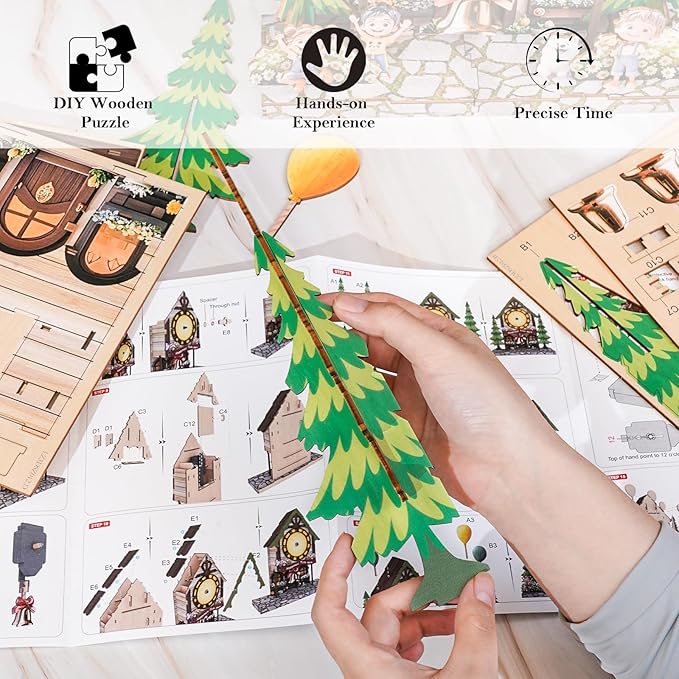 Cutywood 3D Puzzles for Adults Clock-Balloon Cabin Design Model Kit-Mechanical DIY Pendulum Clock with Roman Numerals-Desk Home Office Decor Personalized Gift for DIY Lovers