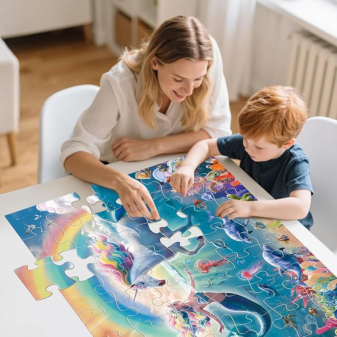 Jumbo Floor Puzzle for Kids Ages 4-8, 48-Piece Unicorn and Mermaid Underwater Jigsaw Puzzle, Large Educational Toys for Toddler Girls and Boys, Gift for 3-5 Year Olds