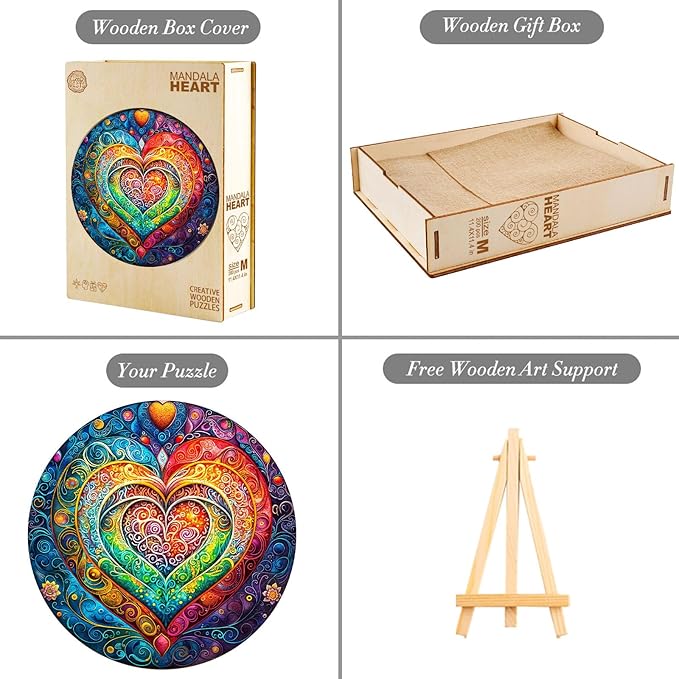 KAAYEE Wooden Puzzles for Adults, 3D Visual Effect Mandala Heart Wooden Jigsaw Puzzle Unique Shape Wood Puzzle Adult, 3D Effect Flat Puzzle Birthday Family Game (M-11.4 * 11.4 in-200pcs)