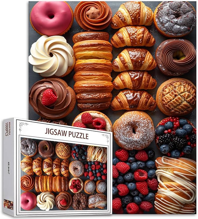 Tucocoo 1000 Piece Jigsaw Puzzles for Adults Croissants Cakes and Doughnuts Jigsaw Puzzle Delicious Food Art 1000 Pieces Puzzles for Challenging Family Activity Game Colorful DIY Puzzle Wall Decor