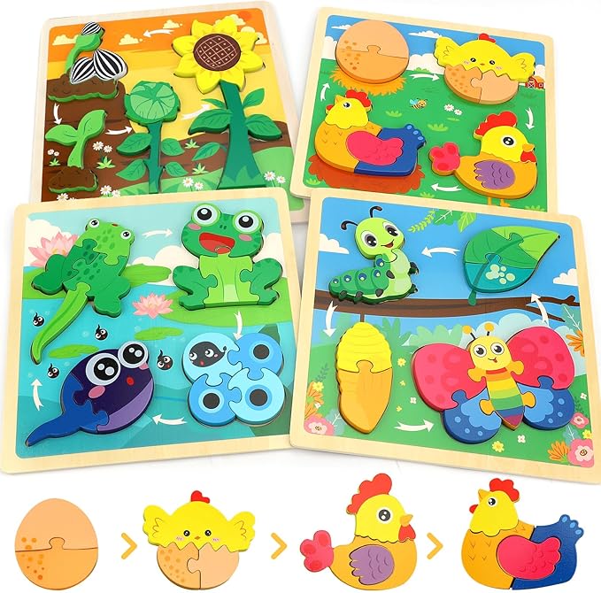 TOY Life Life Cycle Toys Puzzles for Kids, Wooden Puzzles for Toddlers 2-4, 4 Large Pieces Animal Puzzle for Toddlers 1-3, Montessori Toys for 1 2 3 Year Old Boy Girl, Baby Kids Educational Toy