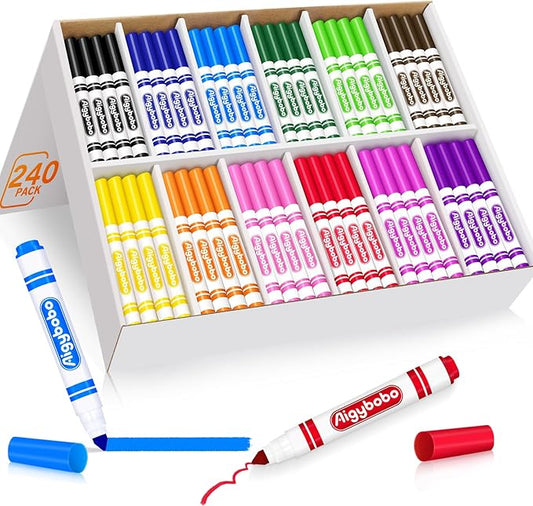 Aigybobo 240 Count Washable Markers Bulk, 12 Assorted Colors, Broad Line Conical Tip Coloring Markers for Kids, Markers Bulk Pack for Classroom, School Art Supplies & Back to School Supplies