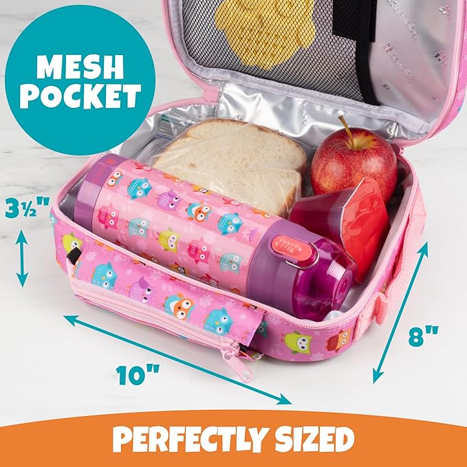 Kids Insulated Lunch Box w Snack Pocket & Expandable Water Bottle Holder For Girls- Waterproof Lunchbox Tote Keeps Food Hotter or Colder Longer - Reusable Back to School Bag Fits Most Bento Containers