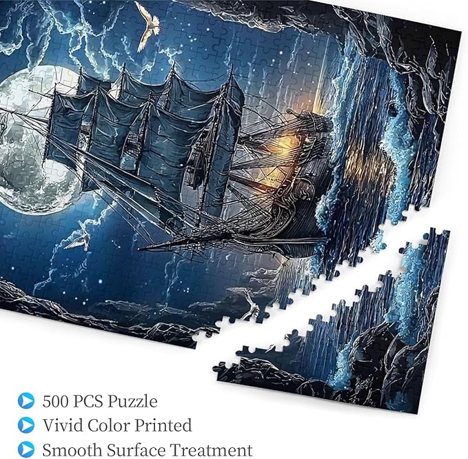Sailboat Jigsaw Puzzles 500 Pieces，Moon Sailboat Jigsaw Puzzles Moonlit Voyage 500 Piece，Ocean Sea Sailing Ship Puzzles，Fantasy Puzzles for Friends Family Activity Game Nights Gifts