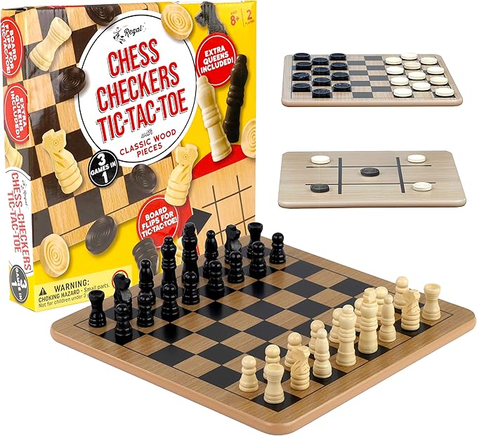 Regal Games - Reversible Wooden Board for Chess, Checkers & Tic-Tac-Toe - 24 Interlocking Wooden Checkers and 32 Standard Chess Pieces - for Age 8 to Adult for Family Fun