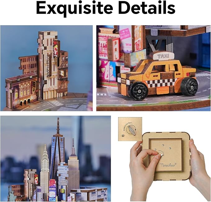 Tonecheer Wooden Music Box Puzzle for Adults,DIY Rotating Music Box Kit 3D Creative Musical Puzzle Crafts Model Building Kits Desk Decor for Teens Kids Birthday Gift (New York Music Box)
