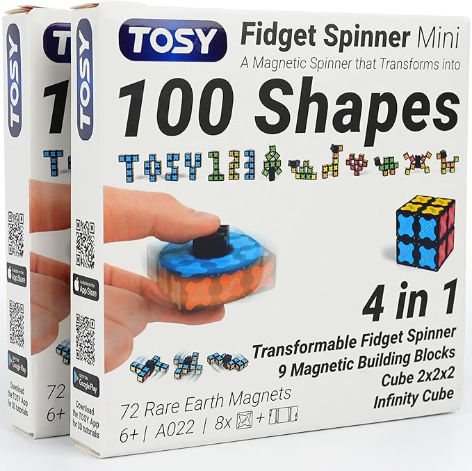 TOSY Magnet Fidget Spinner Mini - 8 Blocks, 3 in 1 Toy: Transformable Fidget Spinner, Infinity Cube, 2x2 Puzzle Cube, Stress Relief, STEM Magnet Tiles Birthday Gift for Kids/Boys/Girls/Adults, 2-Pack