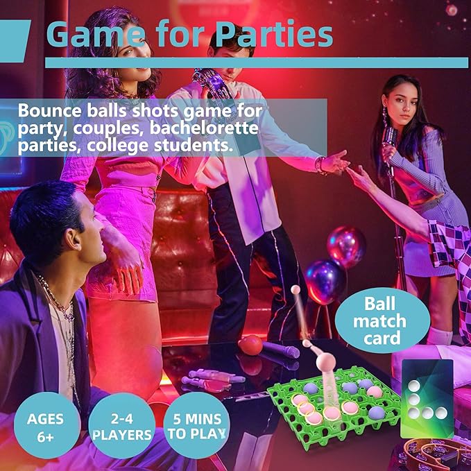 Bounce Ball Fun Party Game - 4 in a Row Games with 60 Balls & Cards - Indoor Outdoor Carnival Party Toys for Kids, Adults, Teens, Families, Game Night. 2-12 Players