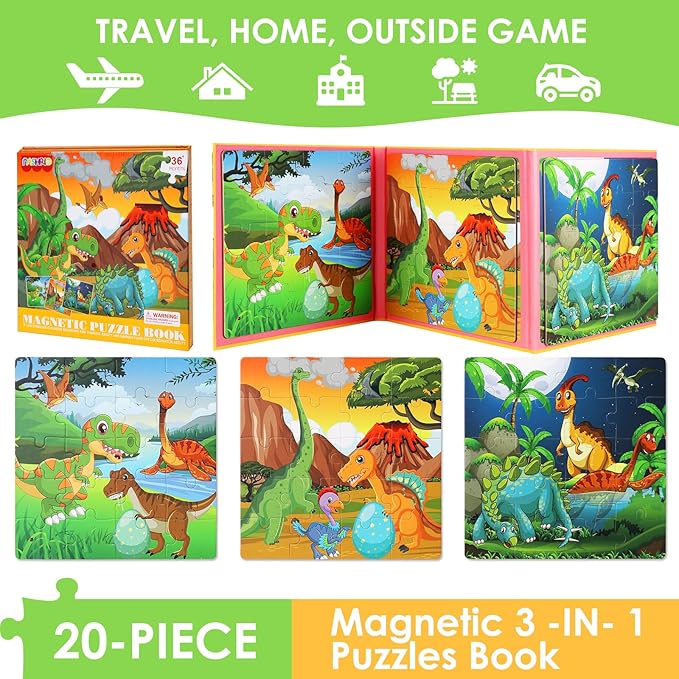 Magnetic Puzzles for Kids Ages 4-6, 20-Piece Travel Toys Dinosaur Toddler Puzzles Ages 2-4, Educational Learning Magnets, Ideal Road Trip Activities Toys for 2 3 4 5 6 Boys and Girls