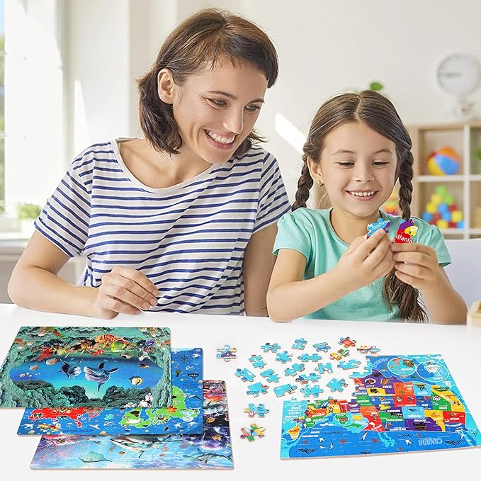 LELEMON 100 Pieces Puzzles for Kids Ages 4-8, 4 Set Kids Puzzle Ages 6-8,United States World Shark Dolphin Children Learning Educational Puzzless Toys for Boys and Girls