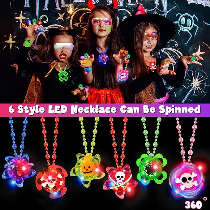 88 Pcs Halloween Party Favors for Kids, Halloween Glow in The Dark Toys Bulk Light Up Rotating Necklaces LED Glasses Bracelet Ring Halloween Treats Classroom Prizes Goodie Bag Fillers Trick or Treat