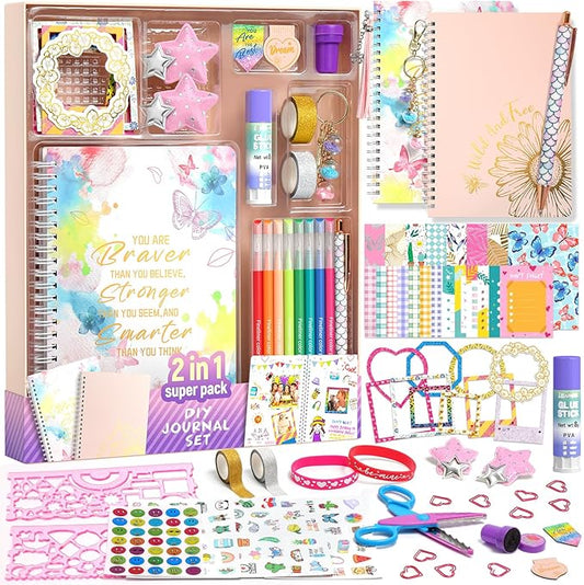 2-Pack DIY Journal Kit for Girls Ages 8-14 Year Old, Birthday Christmas Gifts for Teen Girls, 70+ Pcs Art & Crafts, Scrapbook & Diary Supplies Toy Set Trendy Stuff for Kids