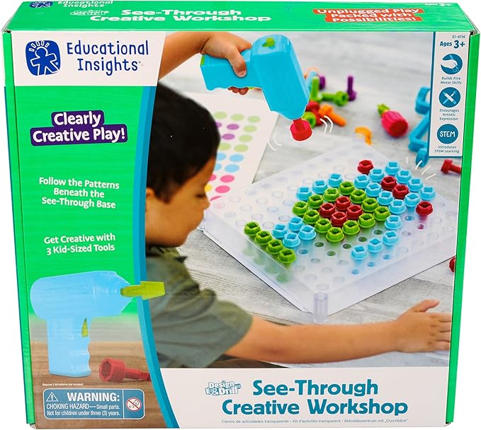Educational Insights Design & Drill See-Through Creative Workshop - Construction Toys & Toddler Tools, Kids Tool Set with Real Electric Drill Toy, Take Apart Set, Toddler Building Toys for Ages 3+