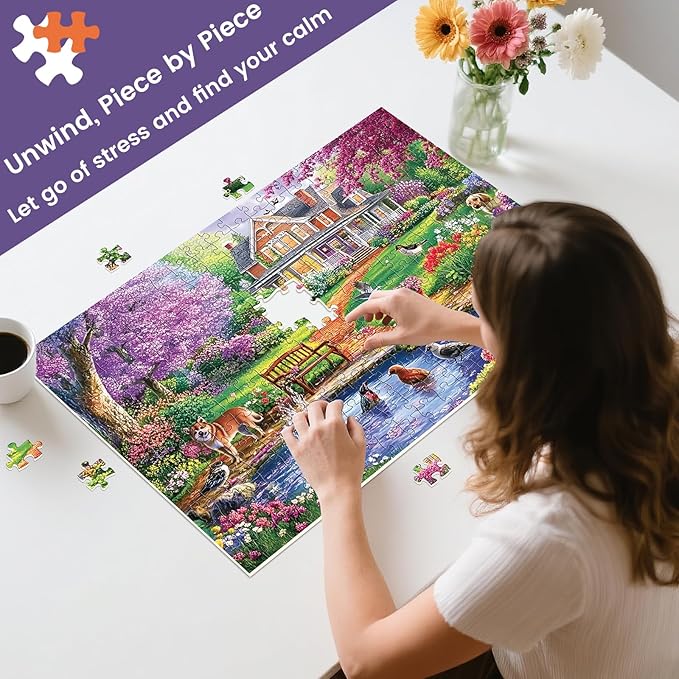 300 Piece Puzzle for Adults,Beautiful Spring House Puzzle for Adults Kids Seniors,Large Piece Landscape Animals Puzzles for Kids Ages 8-10 10-12,Challenging Puzzles Perfect for Game Nights,20.5*15 In