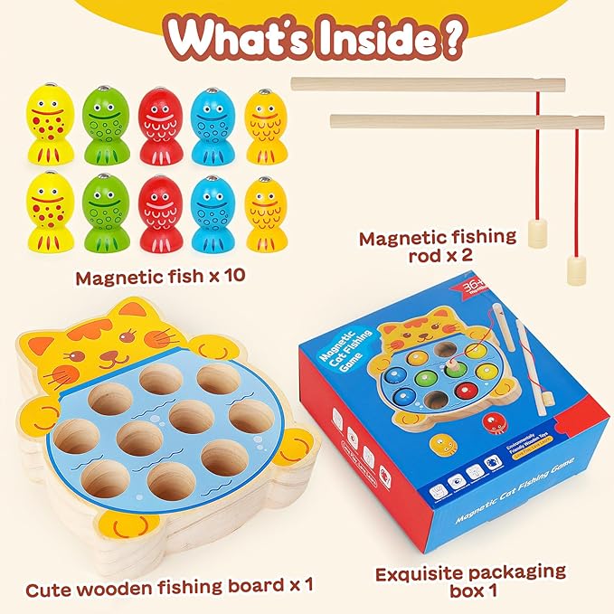 Montessori Magnetic Wooden Fishing Game for Kids 3-5, Fine Motor Skills Toys Learning Color Sorting & Hand Eyes Coordination Easter Basket Stuffers for Toddlers Boys Girls