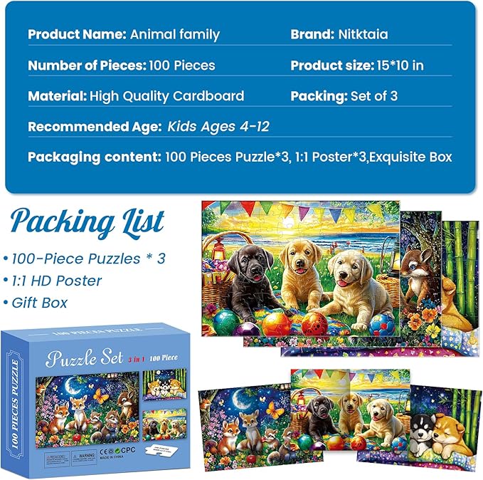 3-Pack 100 Piece Puzzles for Kids,Dogs Foxes Animals Puzzle for Kids Age 4-6 6-8 8-10,Unique Large Piece Jigsaw Puzzle,Recycled Paper,Bright & Colorful Educational Puzzle,Boys Girls Gift for Birthday