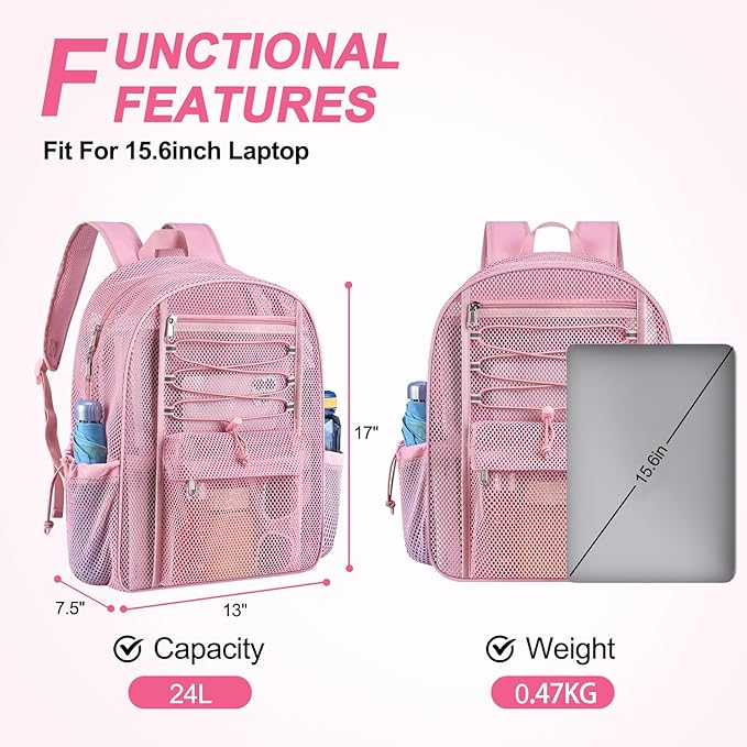 Mesh Backpack Heavy Duty for School, 24L Large Mesh Bookbag for Adults, Black School Bag with Comfort Padded Straps for Work Swimming Beach Fitness Sport(Pink)