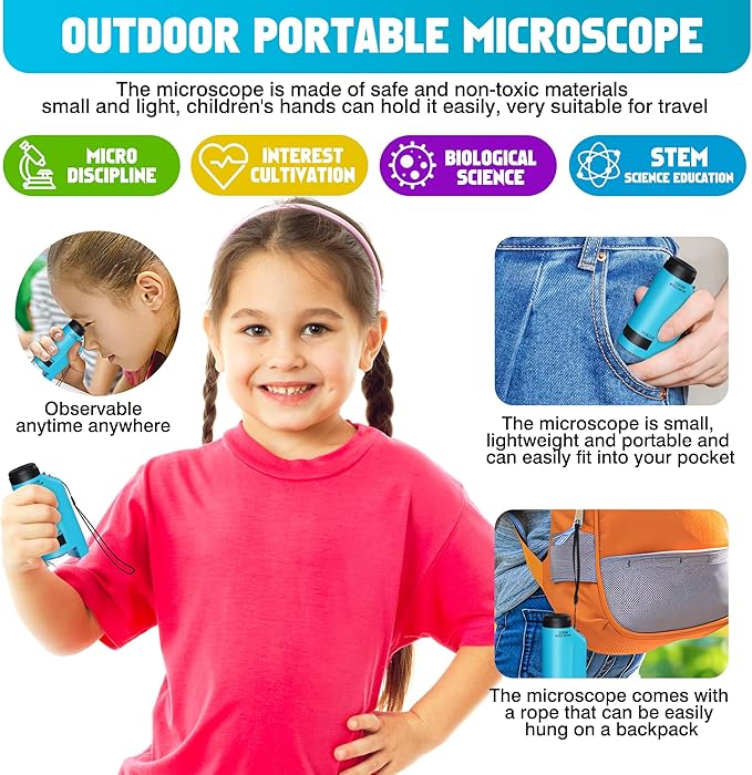 Portable Microscope for Kids Zoom 60x-180x,Handheld Mini Microscope Toy,STEM&Science Toys,LED Pocket,Little Scientist Microscopes with 12pcs Slides,Gift for 6,7,8,9,10+ Girls Boys（2PCS Blue）