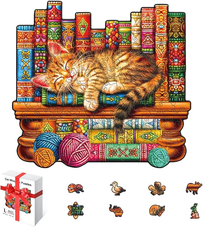 200 Pieces Cat Wooden Puzzles for Adults, 11.8x11 Inches Snoozing Cat Jigsaw Puzzles, Craft Hub Wood Puzzle, Unique Shape Cats Puzzle Birthday Gift for Cats Lovers Family Friend Game