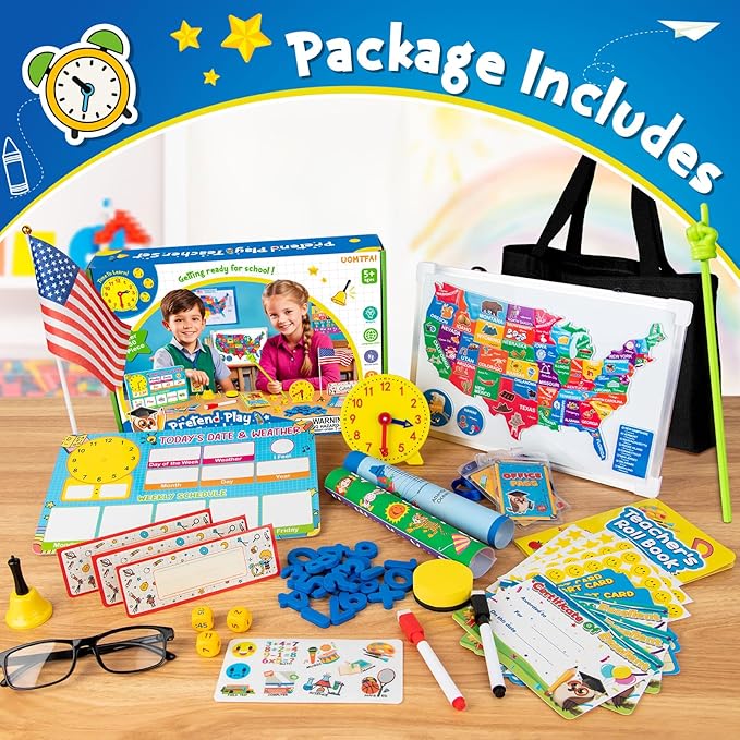 Pretend Play Teacher Set, Kids Pretend Teacher Playset with Whiteboard Learning Clock Magnetic Numbers and Map Puzzles, Pretend Play Teaching Toys Learning Education Toys for Kids