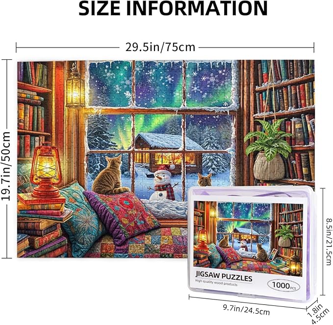 Winter Reading Nook 1000 Piece Jigsaw Puzzle Winter Puzzles 1000 Pieces Funny Cat Puzzle Puzzles for Indoor Cats for Adults Challenging Puzzle Perfect for Game Nights