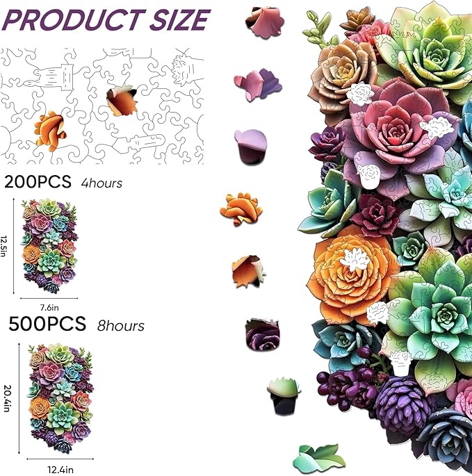 Wooden Jigsaw Puzzle, 200 Pcs Unique 3D Shape Jigsaw Puzzles, Wood Puzzle Gift Box Packing, Medium Size Letter, Creative Gift for Adults and Kids, Fun Challenging (EA4Succulent, 200PCS)