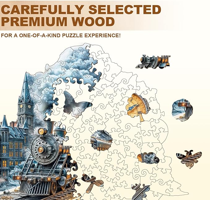 WOODBESTS Wooden Puzzles for Adults-Chrono Train, 100 Pieces Wood Puzzle (S-8.5 * 7.4in), Premium Art Shape Wooden Animal Jigsaw Puzzles, for Men/Women & Family Game Night