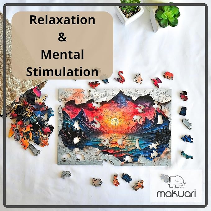 Wooden Puzzle for Adults, Jigsaw, Fantastic Sunset, Rainbow Lines, Thickness 5mm, Gift, Unique Shape Best Gift for Adults Kids, Family Game (200 Pieces)