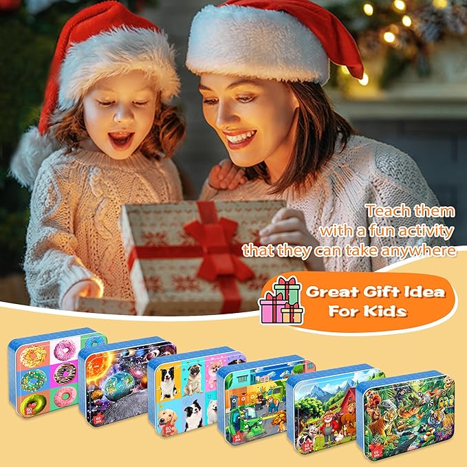 LELEMON Puzzles for Kids Ages 4-6,6 Pack 60 Piece Puzzles for Kids Ages 4-8 in a Metal Box,Educational Jigsaw Puzzles Puzzle Games Puzzle Toys for Girls and Boys