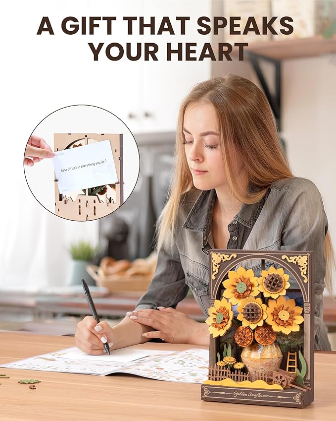 rowood Sunflower 3D Puzzle Building Set with LED,DIY Vincent Van Gogh Painting Artwork Craft Kits for Adults,Home Decor Botanical Collection Gift for Teens Kids on Christmas