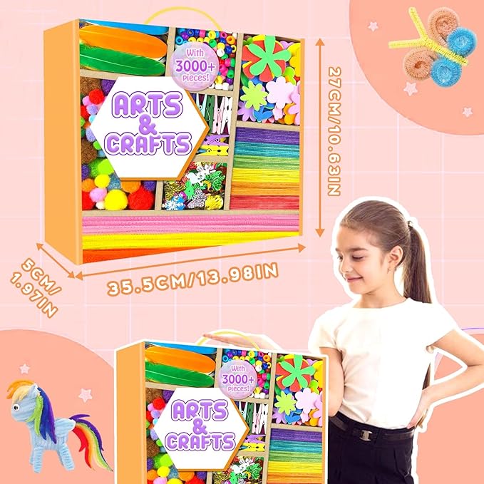 Arts and Crafts Supplies for Kids - 3000Pcs Craft Kit with Pipe Cleaners Crafts for Kids All in Art Crafting Box DIY School Supplies Materials Set Toys Gifts for Girls Boys Age 4 5 6 7 8 9 10 11 & 12