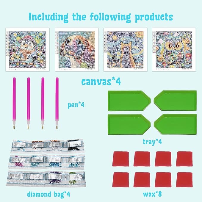 Libfx Diamond Art Kits for Kids 4 Pcs Diamond Art for Girls Boys Beginners Arts and Crafts for Kids Ages 8-12 (Dog Cat Penguin Owl)