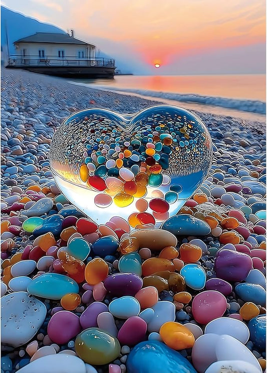 Beach Sunset Heart Jigsaw Puzzle 1000 Pieces for Adults Colorful Pebbles Coastal Scene Challenging Puzzle Games Premium 1000-Piece Puzzle for Game Night or Gift