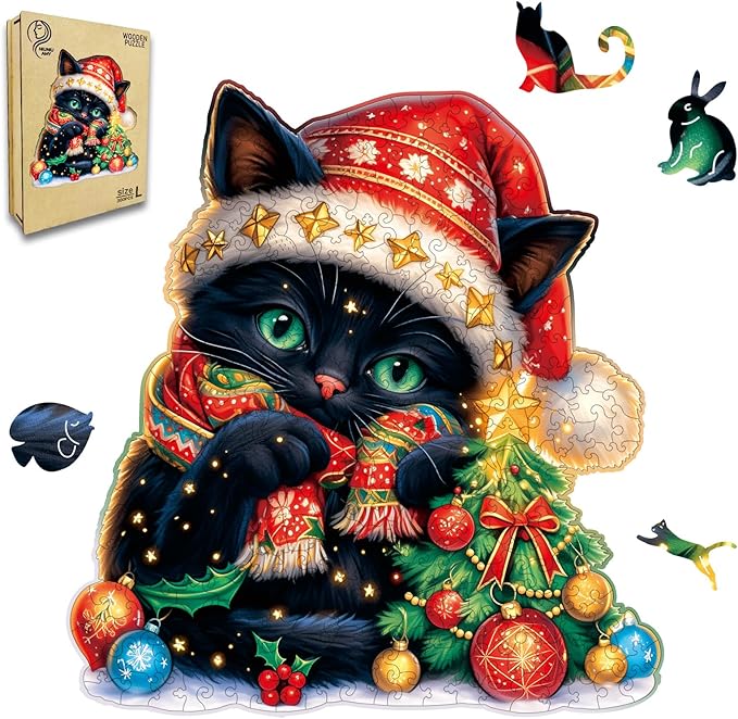 Wooden Jigsaw Puzzle for Adults,Christmas Cat Puzzle 300 Piece,Unique Shape Puzzle Challenge 14.9 x 14.9 Inch,Beautiful Wooden Puzzles Birthday Gifts for Adults Family Game