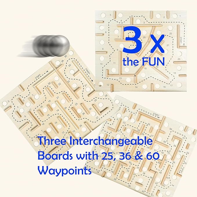 Sterling Games Wooden Labyrinth with 3 Swappable Boards – Classic Maze Game with 60, 36, and 25 Waypoints – Wooden Tilt Puzzle with Knob Control and 3 Steel Marbles for Kids Age 6+