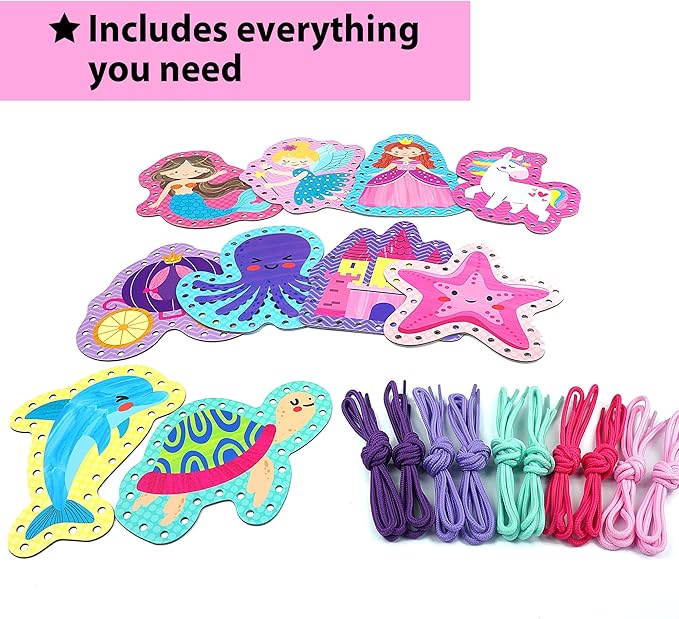 KRAFUN Beginner Unicorn My First Lacing Card Kit for Kids Arts & Crafts, 10 Easy Princess, Mermaid, Lacing Projects, Toddlers Lace Project, Fine Motor Preschool Skills Toys
