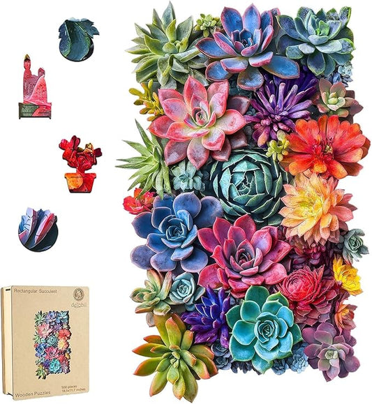 delobil Rectangular Succulent Wooden Puzzles,500 Pieces Jigsaw Puzzles 18.5'' x11.7'', Unique Design Liberty Wooden Puzzles for Adults and Kids, Family Game Gift Royal Size