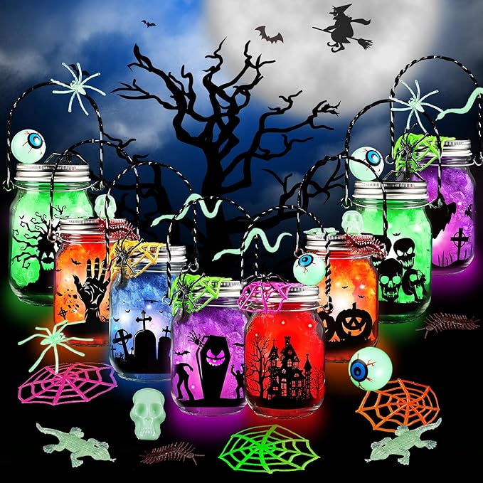 Shemira Halloween Craft Kit for Kids,8 pcs Glass Mason Jar with Accessories for DIY Lantern Jar, Halloween Art & Craft Party Supplies, Halloween Art Activities, Crafts and Arts Party Supplies