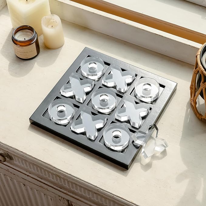 NIKKY HOME Acrylic Tic Tac Toe Wood Board Game Classic Coffee Table Decor Decorative Wooden Travel Game for Family, Black