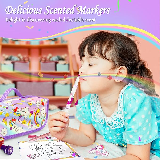 weirtoya 56 PCS Washable Scented Markers Set with Glitter Pencil Case, Mermaid Unicorn Arts and Crafts for kids 4-6-8 Kids Coloring Drawing Kits for 4-8 Years Old Girls Birthday Gifts
