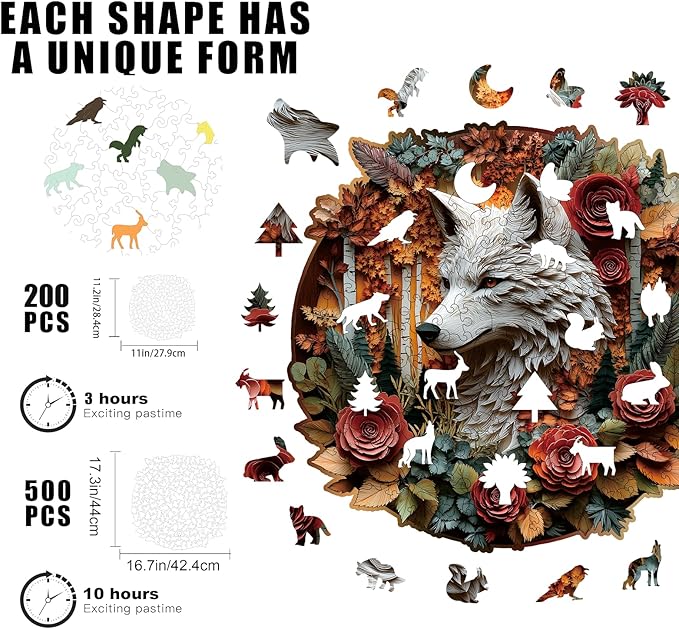 Wooden Jigsaw Puzzle, 200-500 Pieces Unique Shape Animal Puzzle, for Adults & Kids, Birthday Gift Family Game, Decorative Puzzle, Unique Gift (Autumn Wolf, 200 PCS)