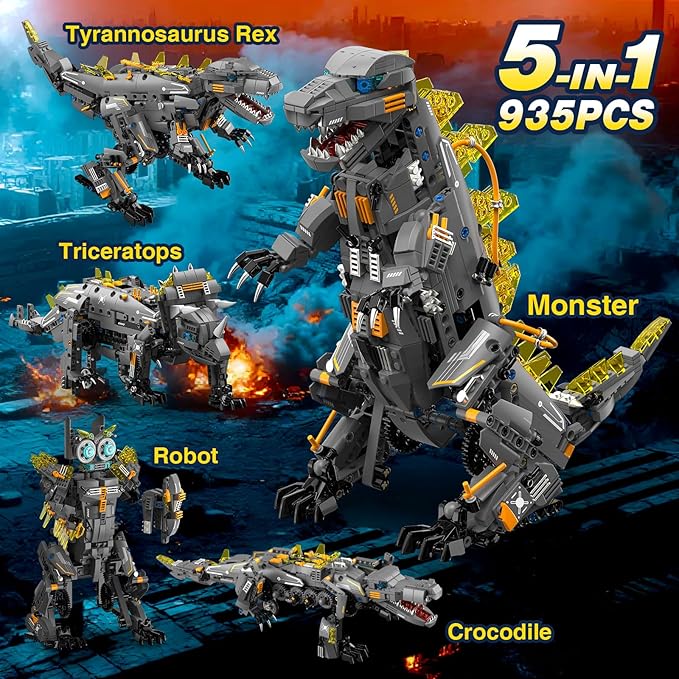 Dinasour Toys for Kids Building Set, 935PCS App & Remote Control Robotics Kit, 5-in-1 Tyrannosaurus | Triceratops | Crocodile | Robot | Monster STEM Toys for Boys Girls Age 8 9 10 11 12+ Year Old