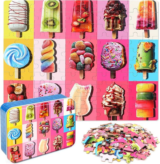LELEMON Puzzles for Kids Ages 4-6,Popsicle 100 Piece Puzzles for Kids in a Metal Box, Educational Jigsaw Puzzles 100 Piece Puzzle Games for Girls and Boys