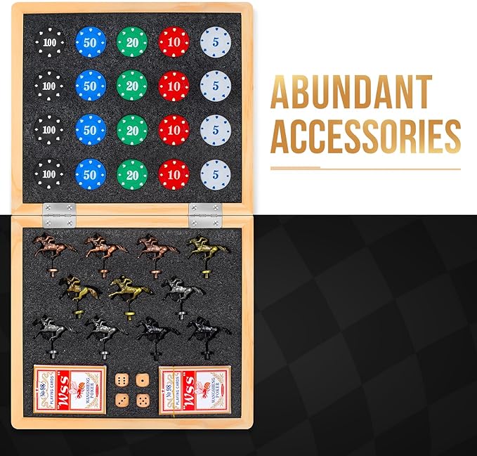 Large 21 Inches Horse Race Board Game, Horse Racing Games with Cards and Dice & 11 Luxury Metal Horses, Thickened Wood Chessboard, Classic Wooden Table Top Board Games for Adults and Family