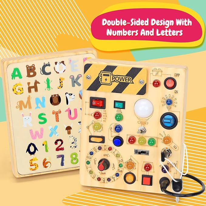 Busy Board with LED Light Switches, Montessori Toys for 1 2 3 Years Old, Toddlers Wooden Toy Sensory Activity Board, Travel Toys for 1+ Year Old Boy & Girl Birthday Gift